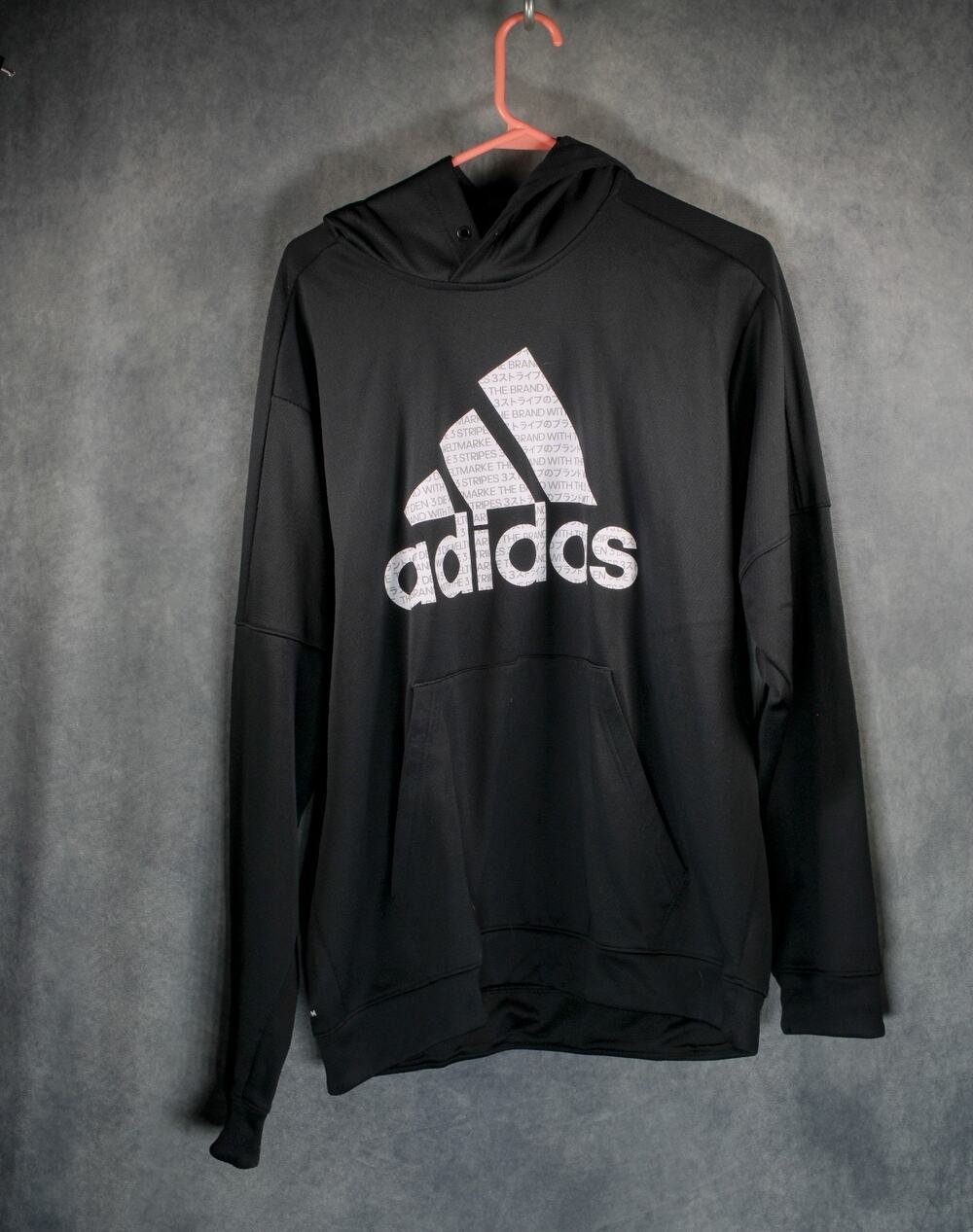 Title: Adidas Black Hoodie Sweatshirt Big Logo Multilingual Graphic Men's Size L
